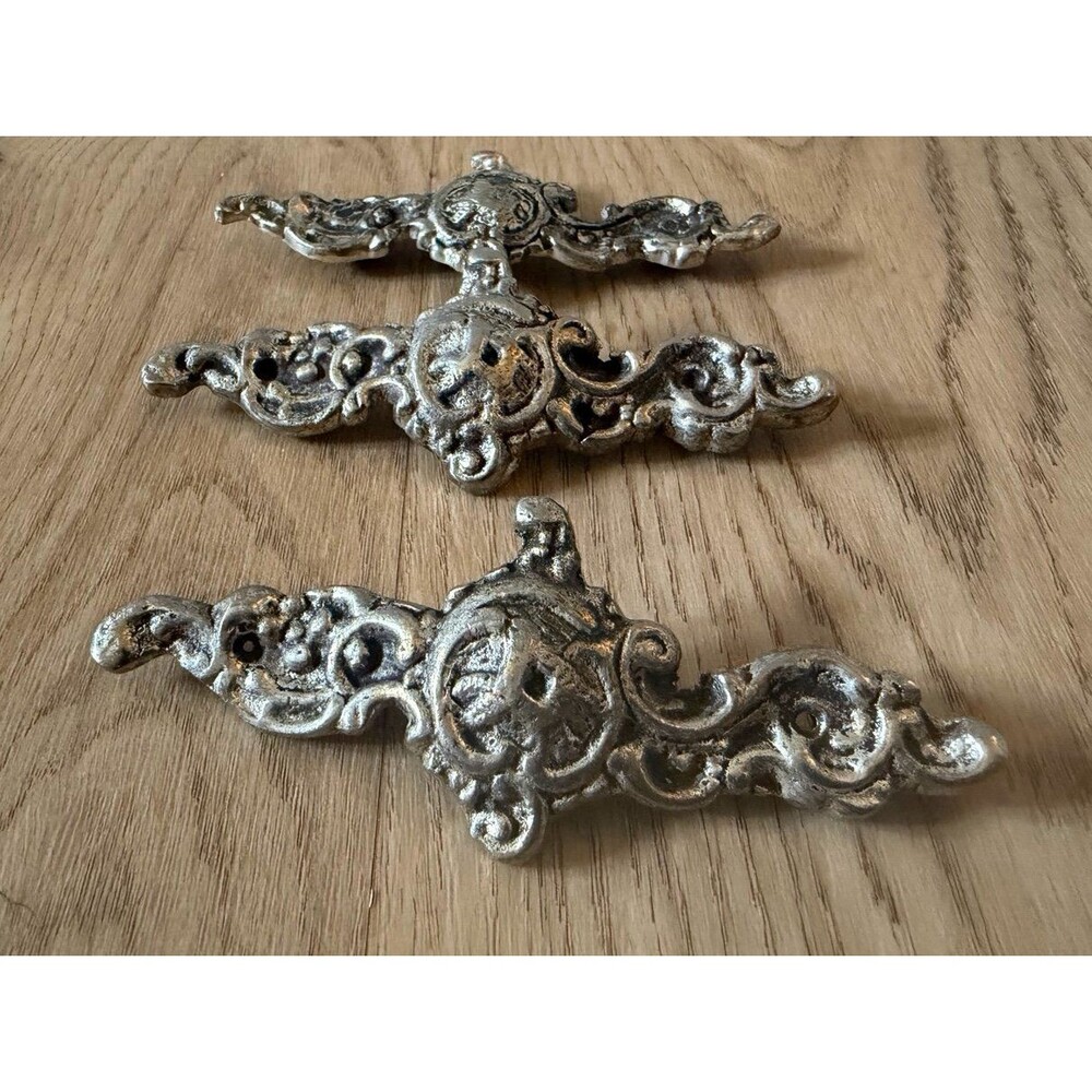 Three (3) Vintage Antique Ornate Silver Metal Drawer Pulls